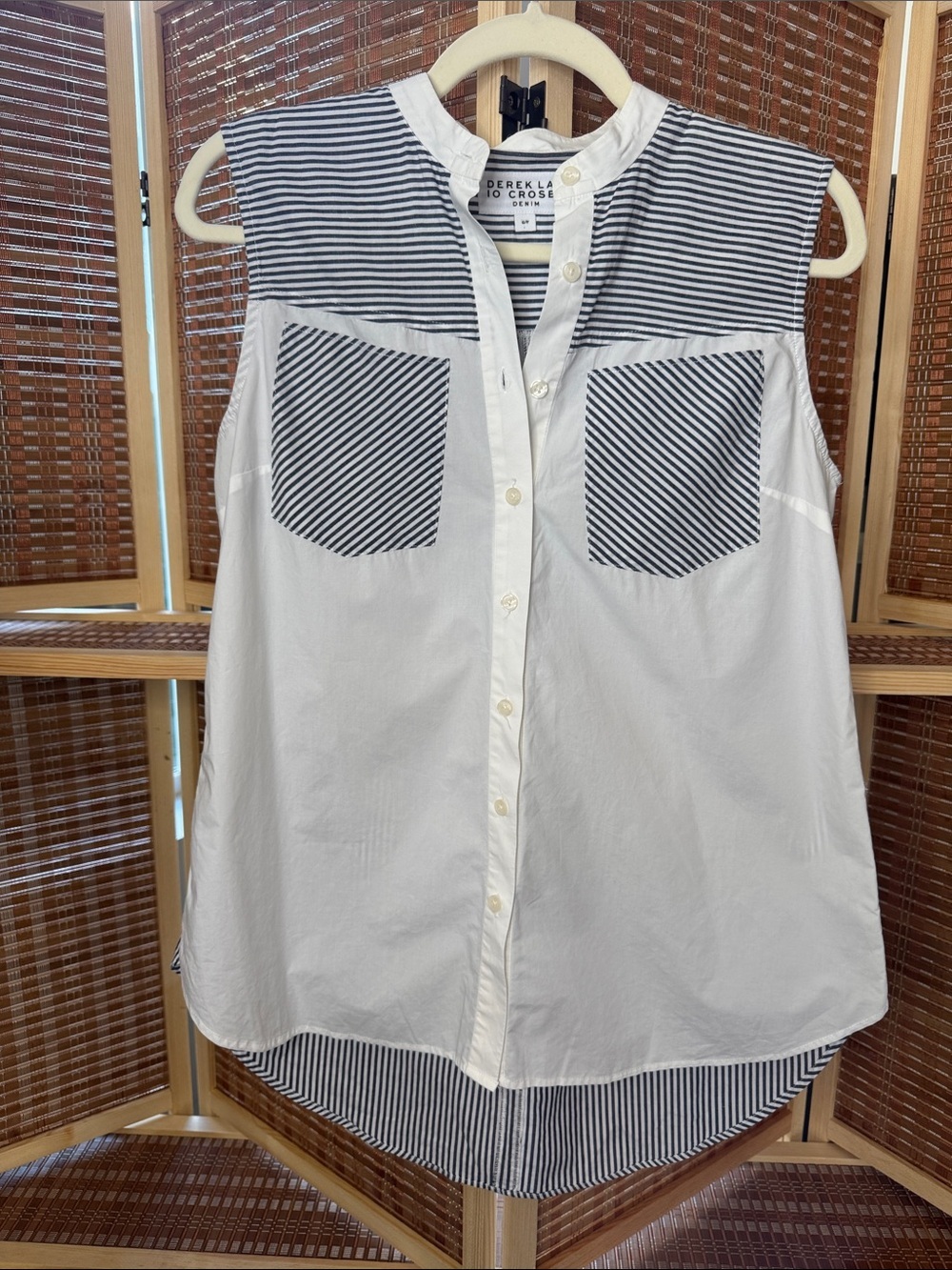 10 Crosby Derek Lam White Sleeveless Button-Front Top with Navy Stripes N0347